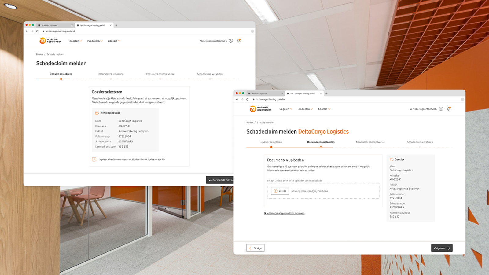 Overzicht van het NN schadeclaimportaal waarin een gebruiker een schadeclaim meldt. Links is de stap ‘Dossier selecteren’ te zien met automatisch herkende dossiergegevens, rechts de stap ‘Documenten uploaden’ waarin bestanden kunnen worden toegevoegd om de claim verder te verwerken.