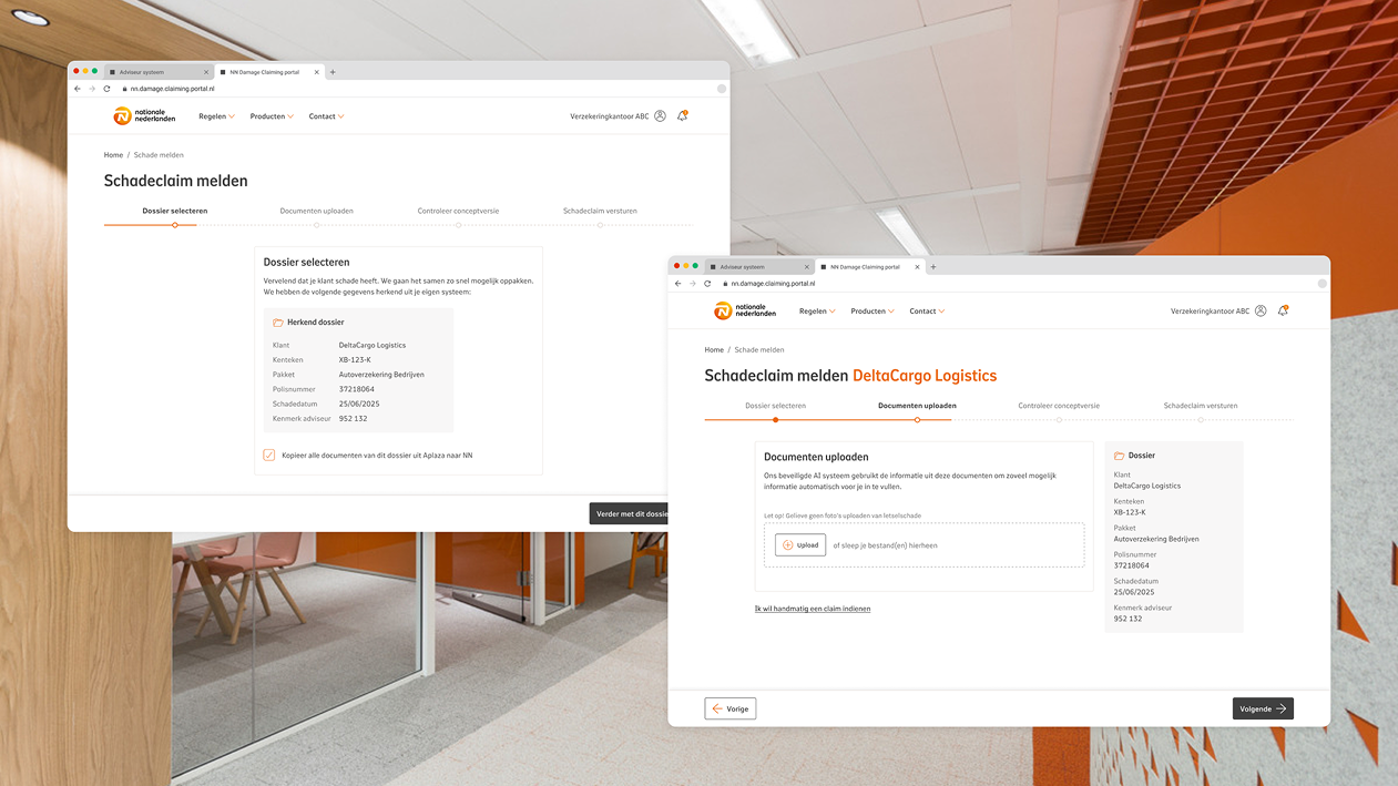 Overzicht van het NN schadeclaimportaal waarin een gebruiker een schadeclaim meldt. Links is de stap ‘Dossier selecteren’ te zien met automatisch herkende dossiergegevens, rechts de stap ‘Documenten uploaden’ waarin bestanden kunnen worden toegevoegd om de claim verder te verwerken.