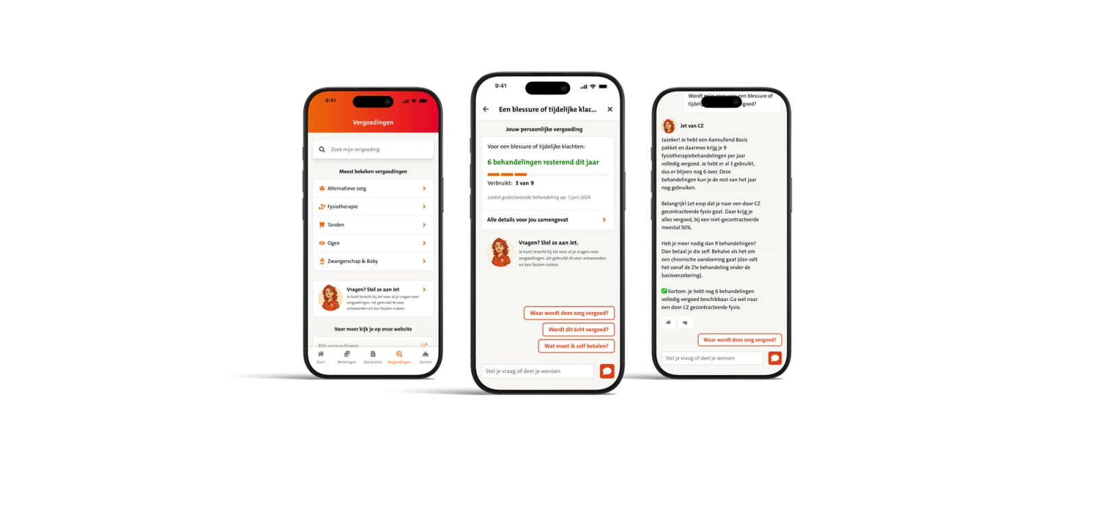 Drie mobiele schermen van een Nederlandse zorgverzekeringsapp met vergoedingen overzicht, persoonlijke vergoeding voor fysiotherapie en chat met virtuele assistent Jet
