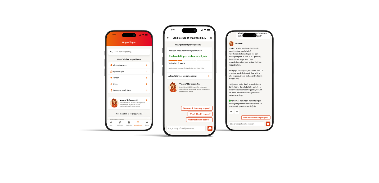 Drie mobiele schermen van een Nederlandse zorgverzekeringsapp met vergoedingen overzicht, persoonlijke vergoeding voor fysiotherapie en chat met virtuele assistent Jet