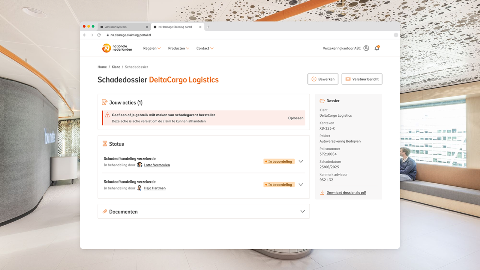 Dashboard van het NN schadeclaimportaal met het schadedossier van DeltaCargo Logistics. Het scherm toont openstaande acties, de status van de schadebehandeling per behandelaar en een overzicht van dossiergegevens en documenten.
