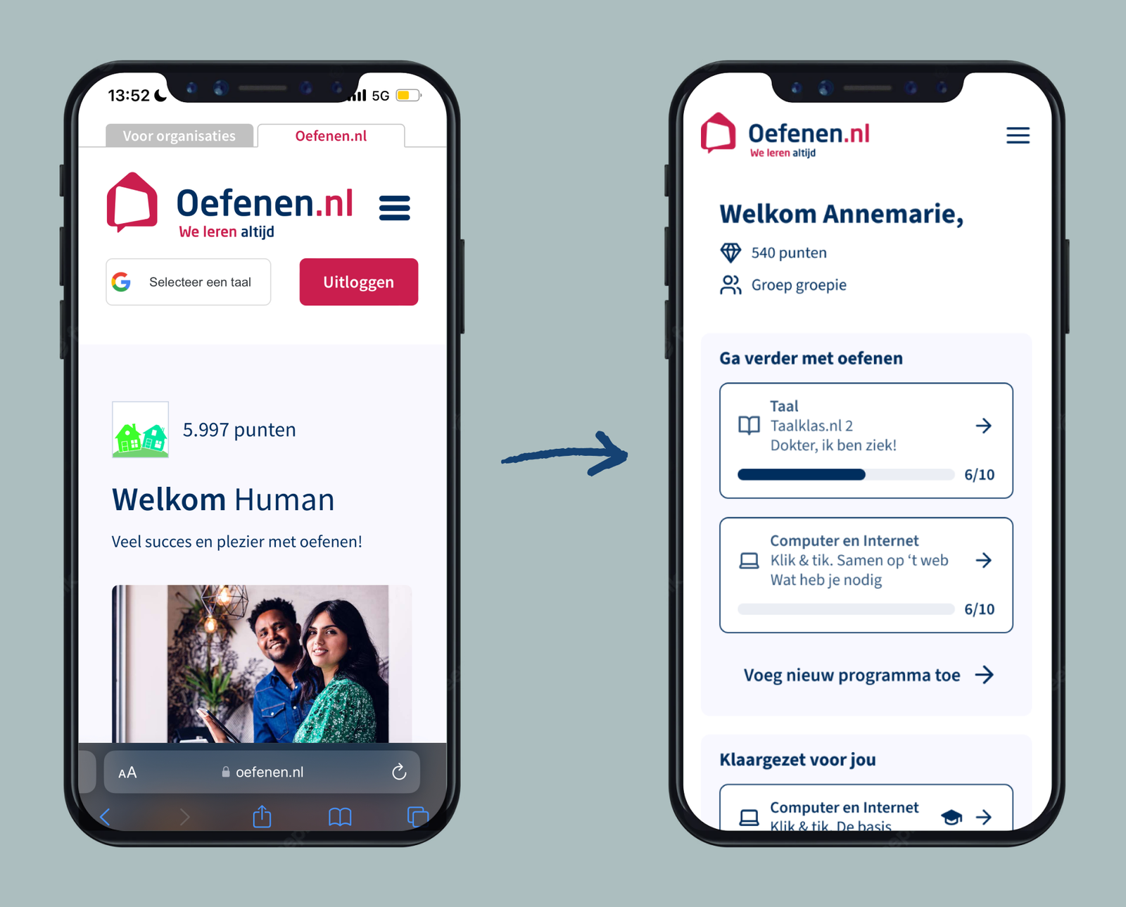 Twee mobiele schermen: links de oude versie van Oefenen.nl, rechts de vernieuwde interface met een persoonlijk dashboard dat direct inzicht geeft in de voortgang en volgende stappen.