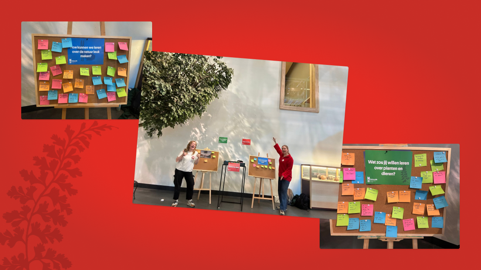 Een collage van drie foto’s van een participatiesessie in Naturalis: kleurige post-its met ideeën van bezoekers, en UX designers Shannen en Hiske die bij borden met reacties poseren in een museumruimte.