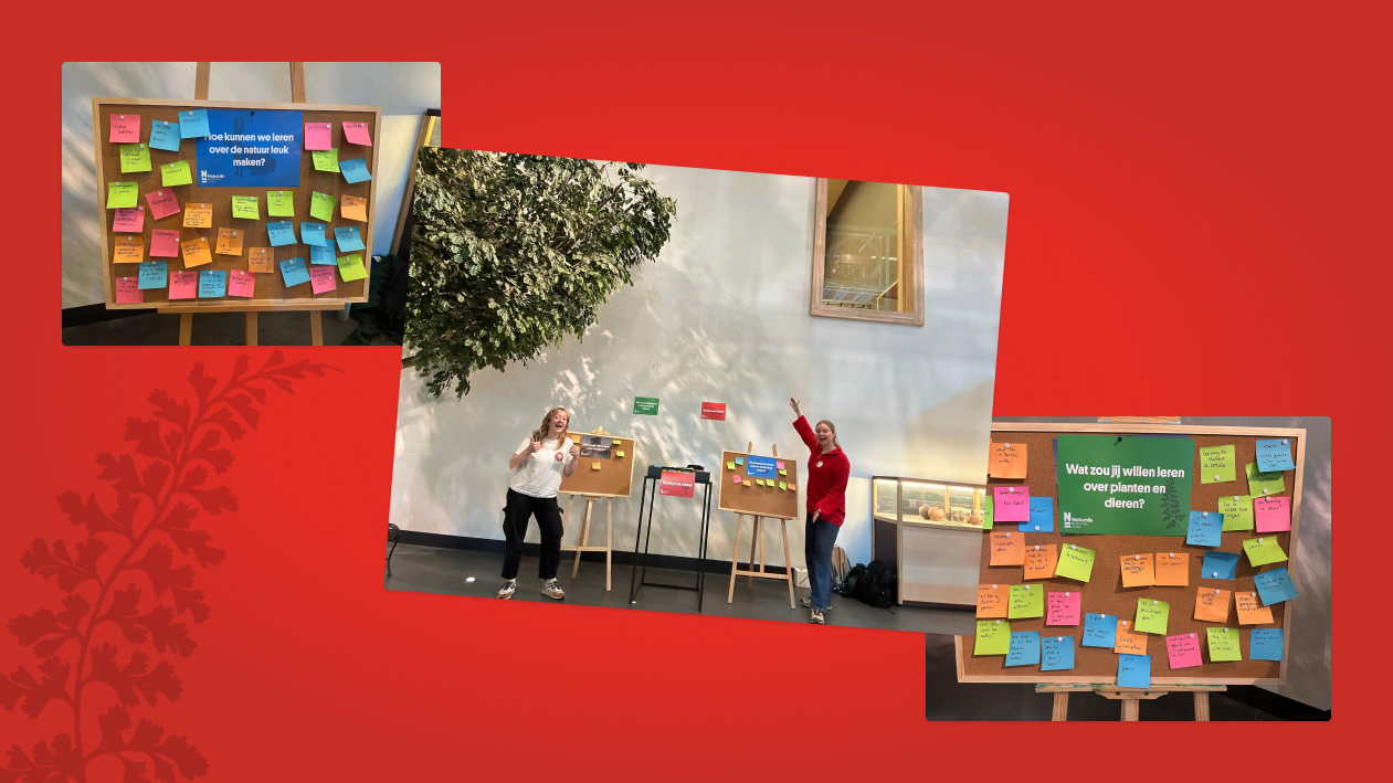 Een collage van drie foto’s van een participatiesessie in Naturalis: kleurige post-its met ideeën van bezoekers, en UX designers Shannen en Hiske die bij borden met reacties poseren in een museumruimte.