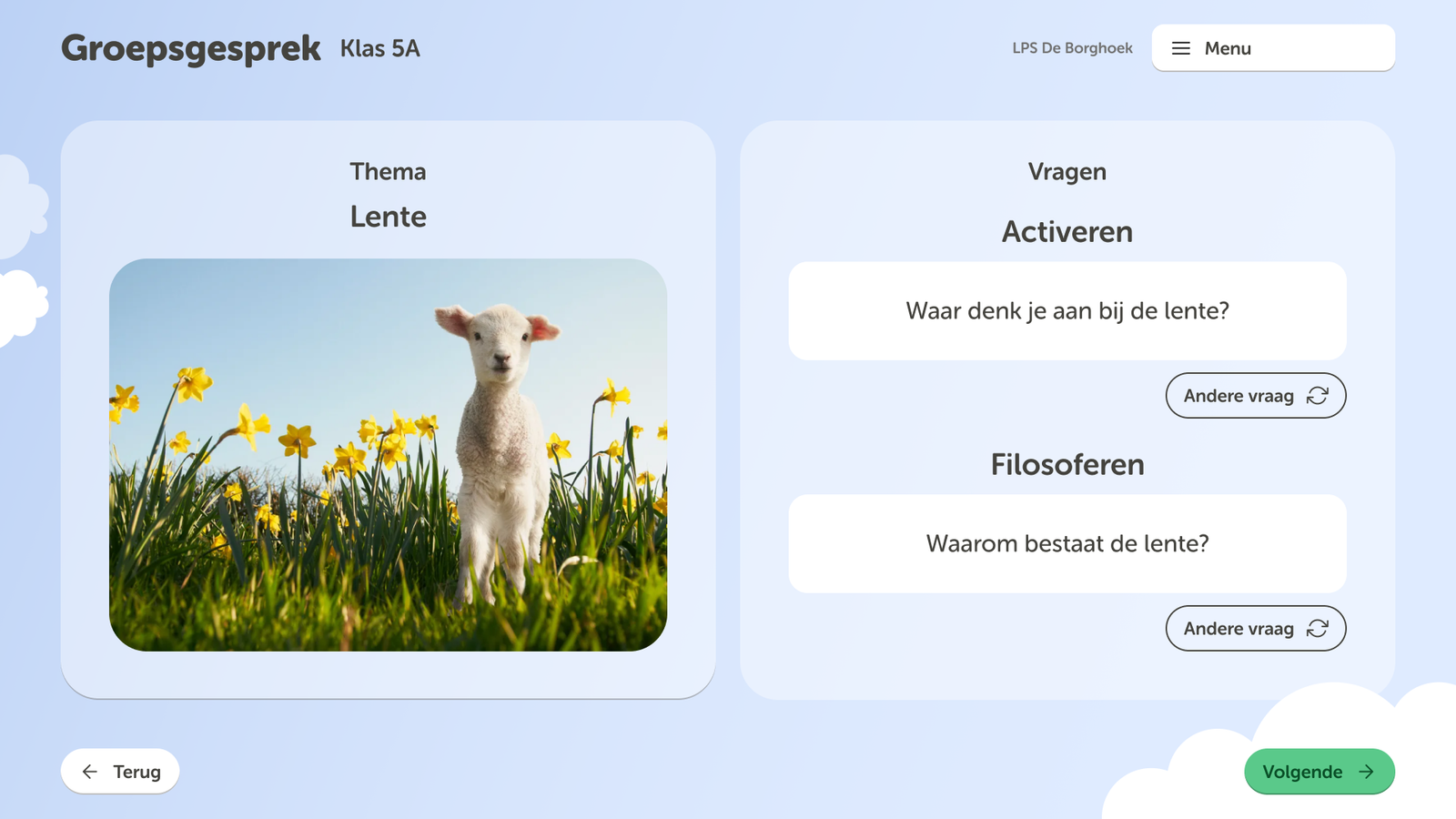Een afbeelding van de Kleine Grote Denkers applicatie met daarop het thema Lente, met daarbij de filosofische vraag: Waarom bestaat de lente?