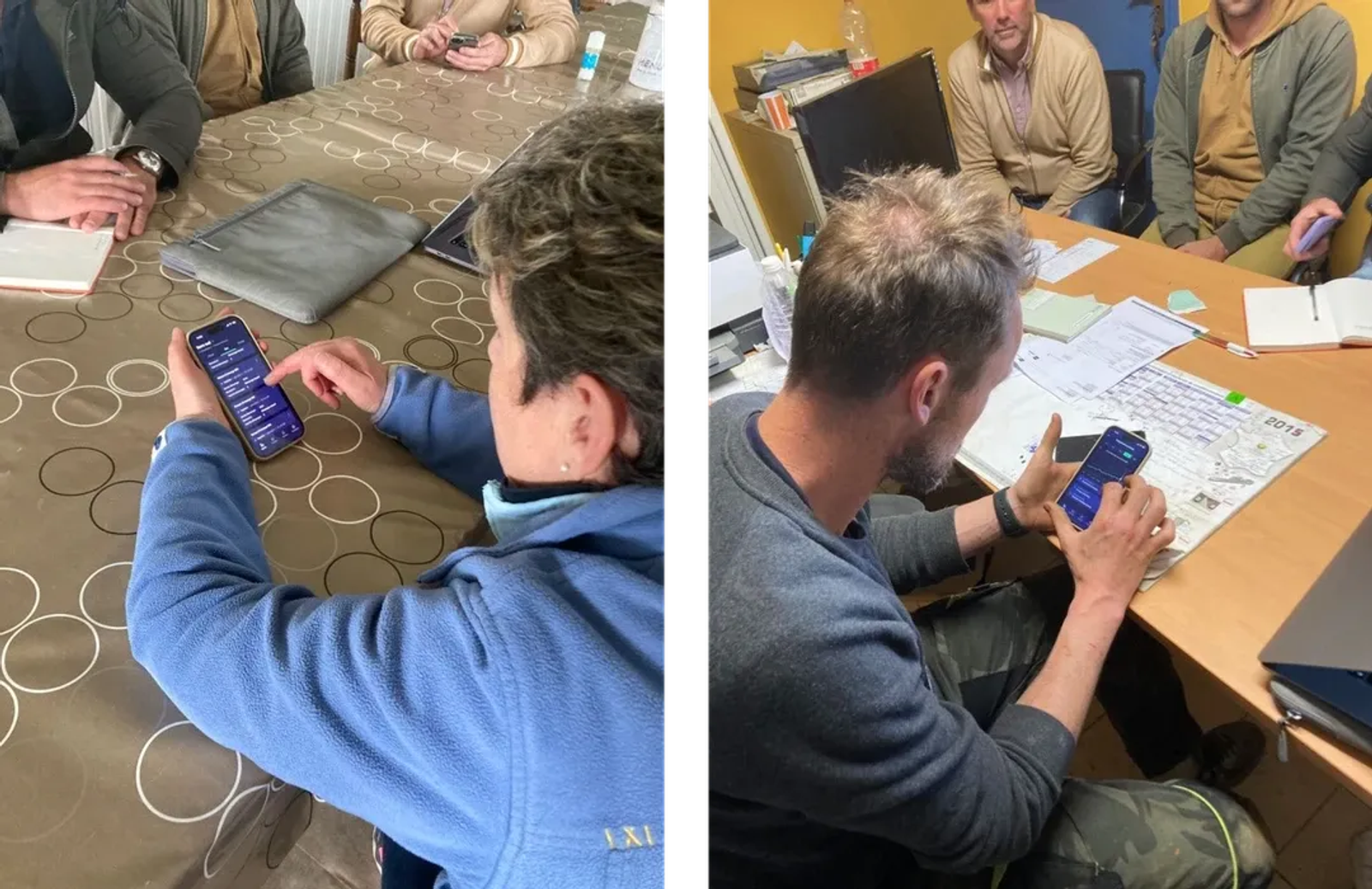 Twee afbeeldingen. Links zie je een vrouw met een telefoon in haar handen met daarop de Ridder applicatie, rechts een man. Ze testen de applicatie door verschillende taken te doorlopen. make this english