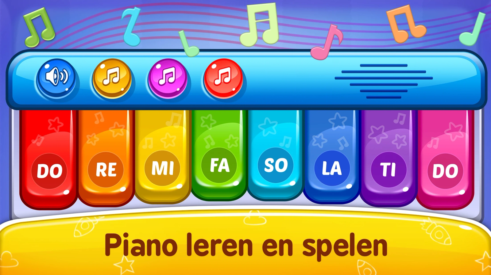 Kleurrijke babypiano met muzieknoten en regenboogtoetsen gemarkeerd met DO, RE, MI, FA, SO, LA, TI, DO, en de tekst ‘Piano leren en spelen’.