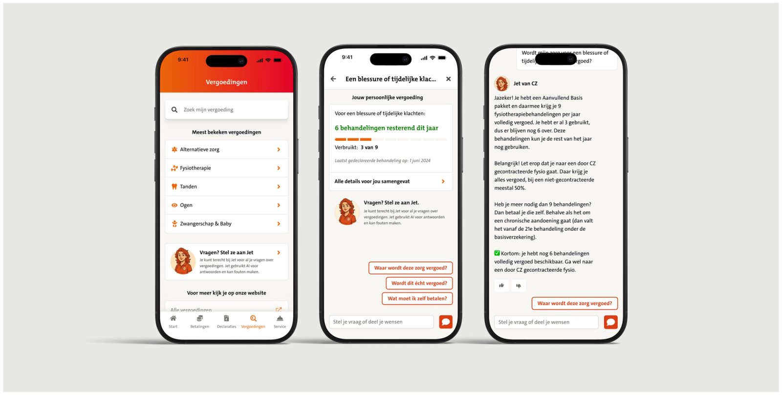 Drie mobiele schermen van een Nederlandse zorgverzekeringsapp met vergoedingen overzicht, persoonlijke vergoeding voor fysiotherapie en chat met virtuele assistent Jet