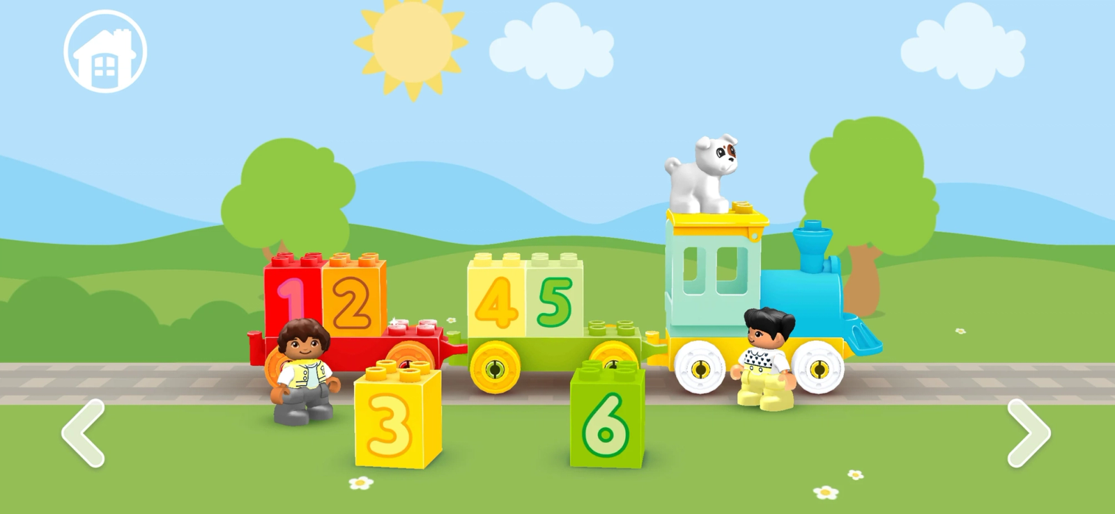 Scherm van de LEGO DUPLO World-app met een kleurrijke trein, genummerde bouwblokken, poppetjes en een zonnige achtergrond.