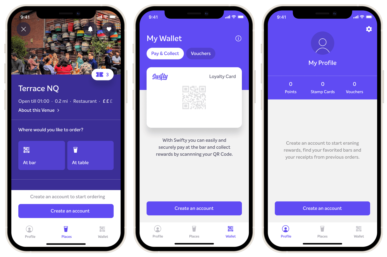 Een bar detail pagina, de wallet en profiel