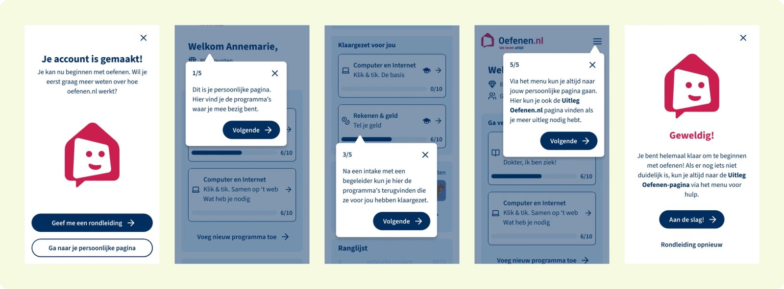 De optionele rondleiding helpt nieuwe gebruikers stap voor stap op weg in de leeromgeving.