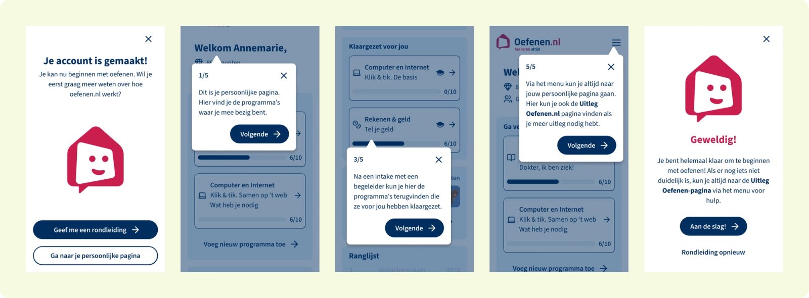De optionele rondleiding helpt nieuwe gebruikers stap voor stap op weg in de leeromgeving.