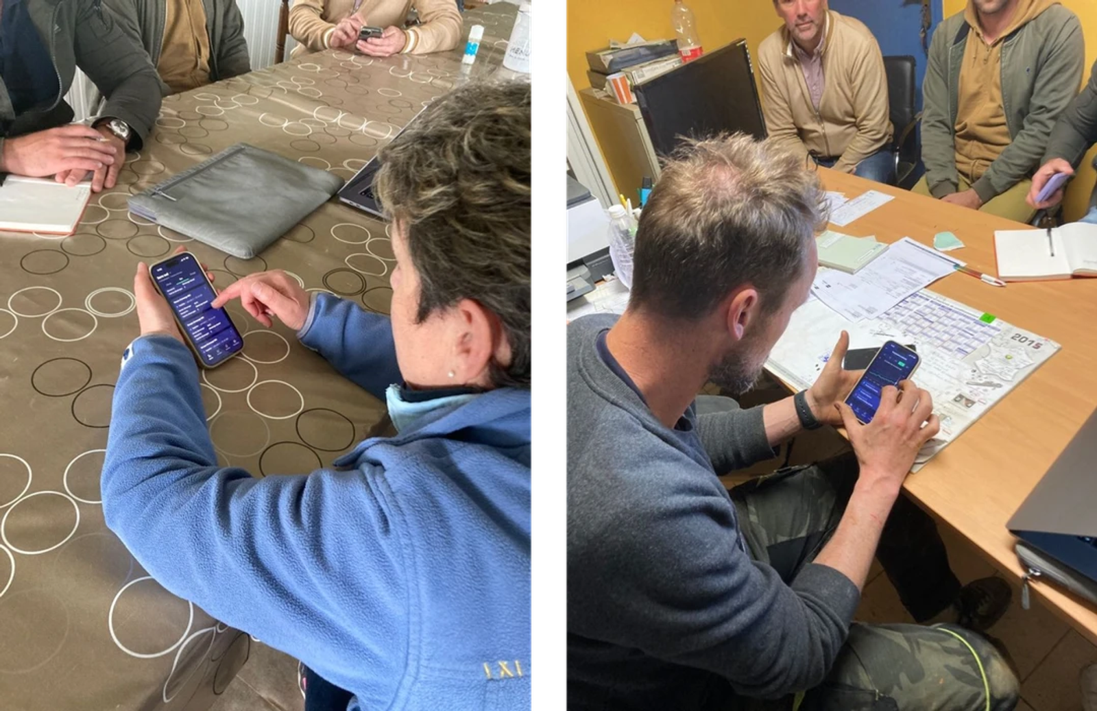 Twee afbeeldingen. Links zie je een vrouw met een telefoon in haar handen met daarop de Ridder applicatie, rechts een man. Ze testen de applicatie door verschillende taken te doorlopen.