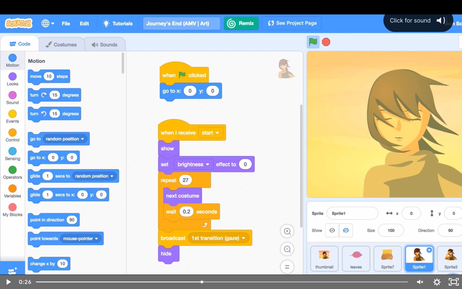Screenshot van een Scratch-programmeeromgeving met codeblokken, een animatie van een personage en visuele elementen.