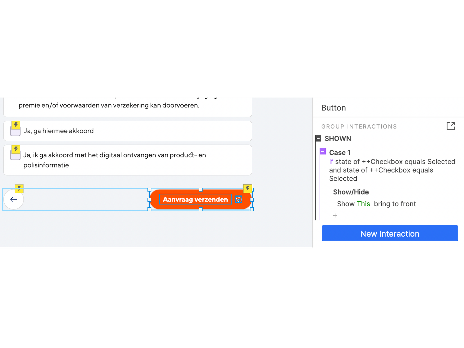Een voorbeeld van hoe de voorwaardelijke logica wordt toegepast op de CTA (aanvraag verzenden).