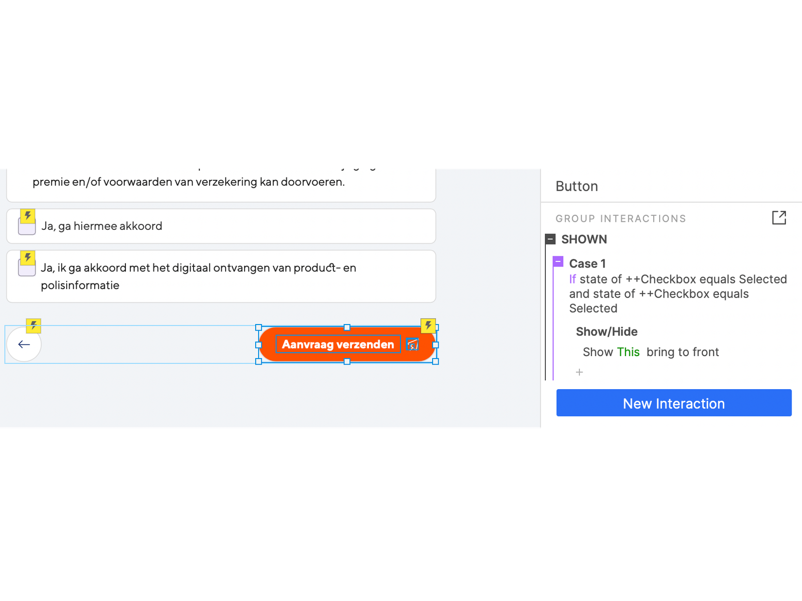 Een voorbeeld van hoe de voorwaardelijke logica wordt toegepast op de CTA (aanvraag verzenden).