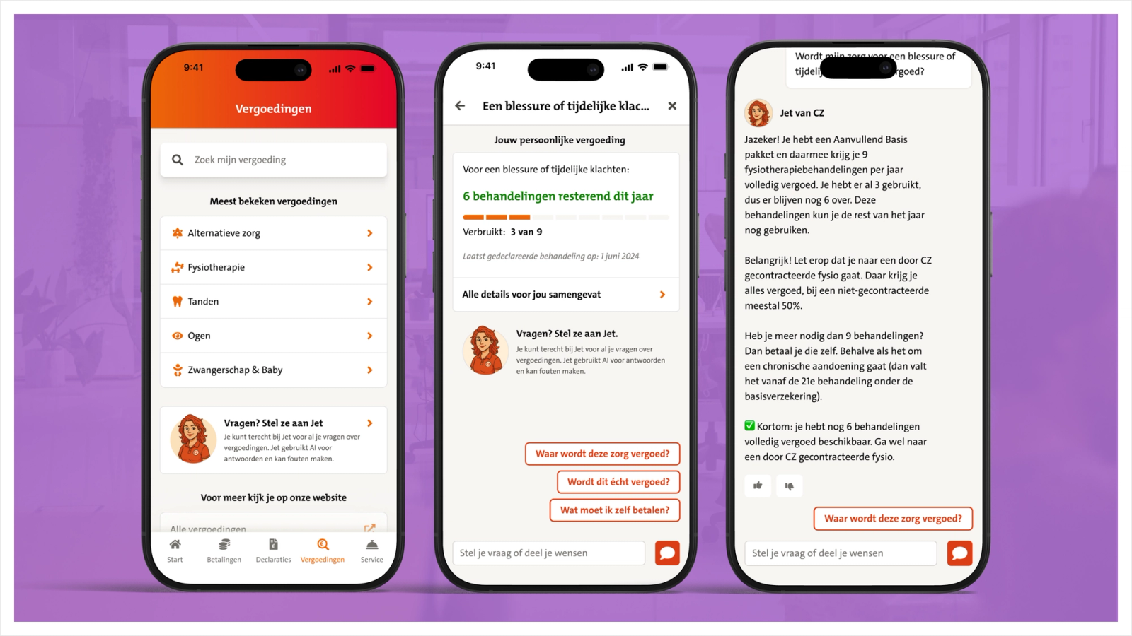 Drie mobiele schermen van een Nederlandse zorgverzekeringsapp met vergoedingen overzicht, persoonlijke vergoeding voor fysiotherapie en chat met virtuele assistent Jet