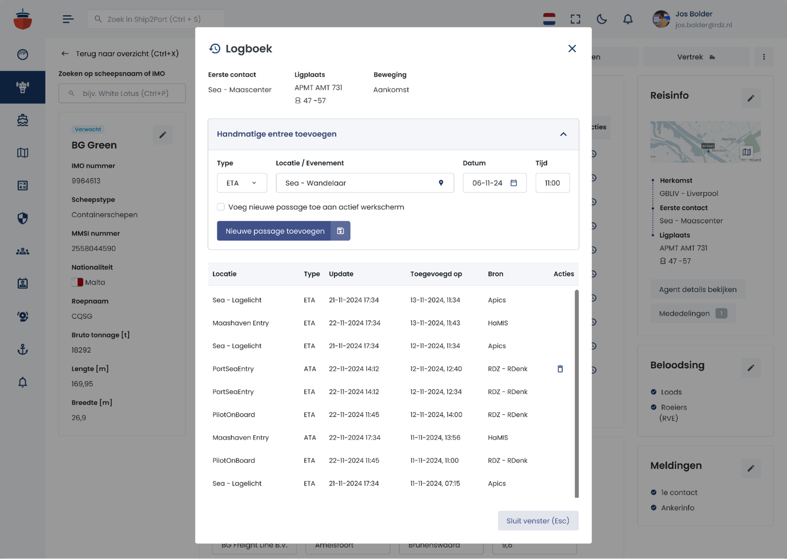 Een scherm waarbij je logboek entrees kan toevoegen, aanpassen of verwijderen