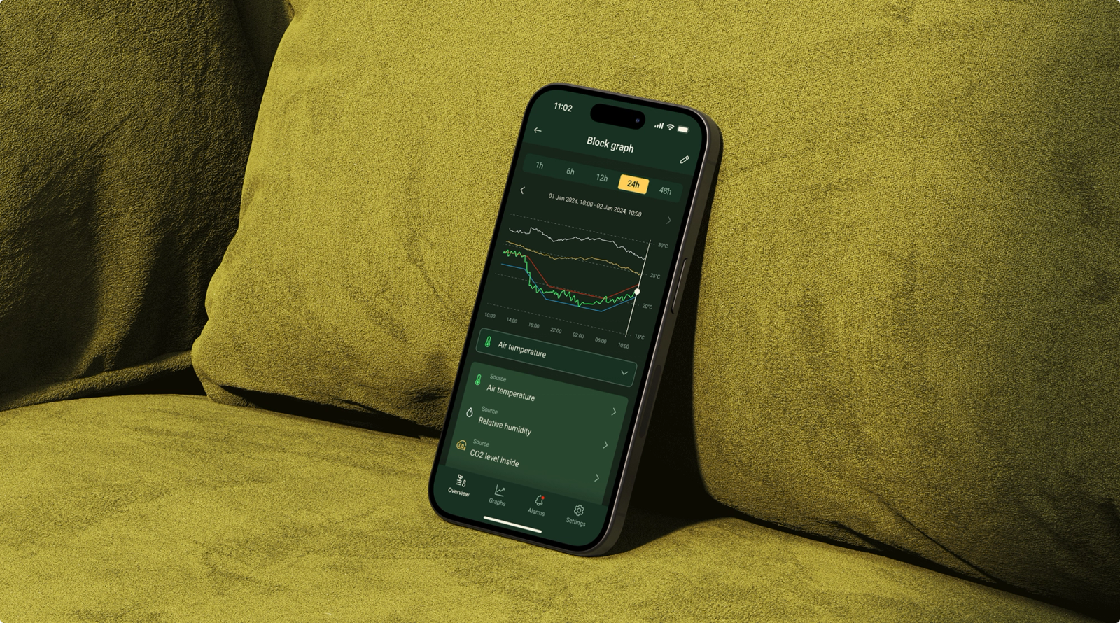 Een telefoon op een groene bank met daarop een scherm van de Ridder app