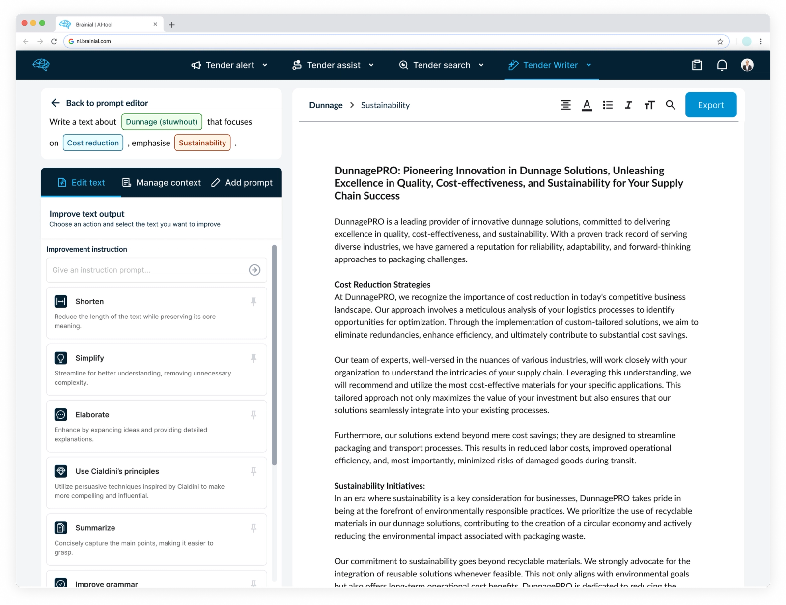 Brainial prompt editor screen with a generated text