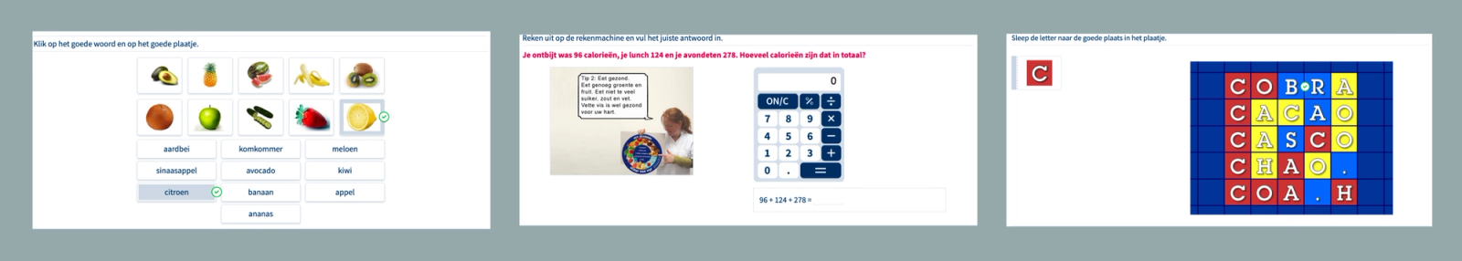 Drie screenshots van oudere desktopoefeningen op Oefenen.nl. Links een oefening waarin gebruikers het juiste woord aan een afbeelding moeten koppelen (zoals citroen, kiwi, banaan). In het midden een rekenoefening met een virtuele rekenmachine, inclusief tekstuele instructies en context over calorieën. Rechts een sleepoefening waarin een letter op de juiste plek in een woord moet worden gezet in een grid. De visuele stijl verschilt per oefening, met beperkte consistentie in structuur, navigatie of feedback.