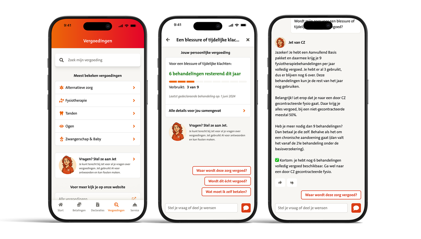 Drie mobiele schermen van een Nederlandse zorgverzekeringsapp met vergoedingen overzicht, persoonlijke vergoeding voor fysiotherapie en chat met virtuele assistent Jet