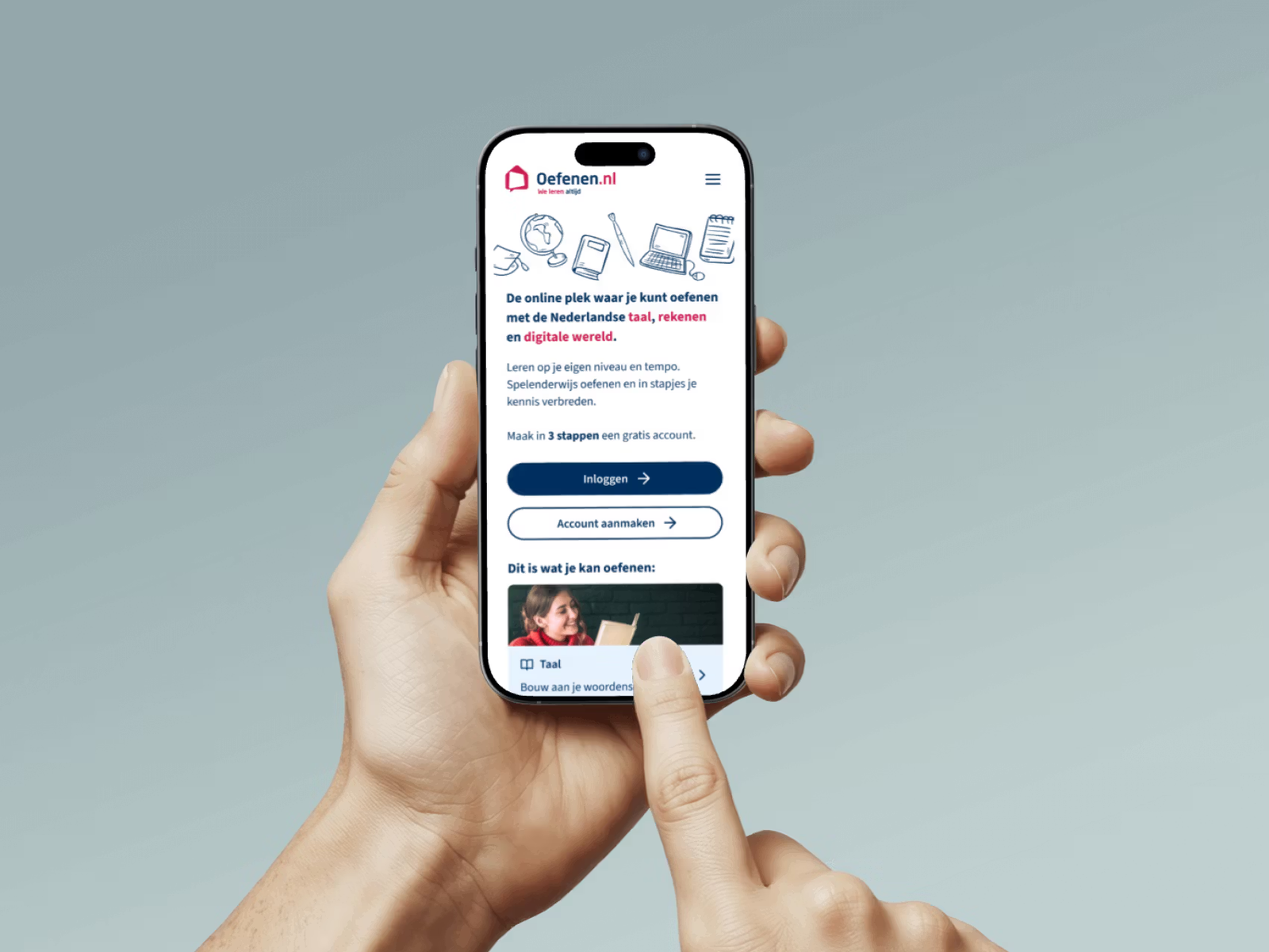 A hand holding a phone that shows the sign-in page of Oefenen.nl