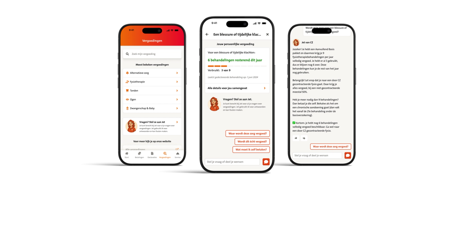 Drie mobiele schermen van een Nederlandse zorgverzekeringsapp met vergoedingen overzicht, persoonlijke vergoeding voor fysiotherapie en chat met virtuele assistent Jet
