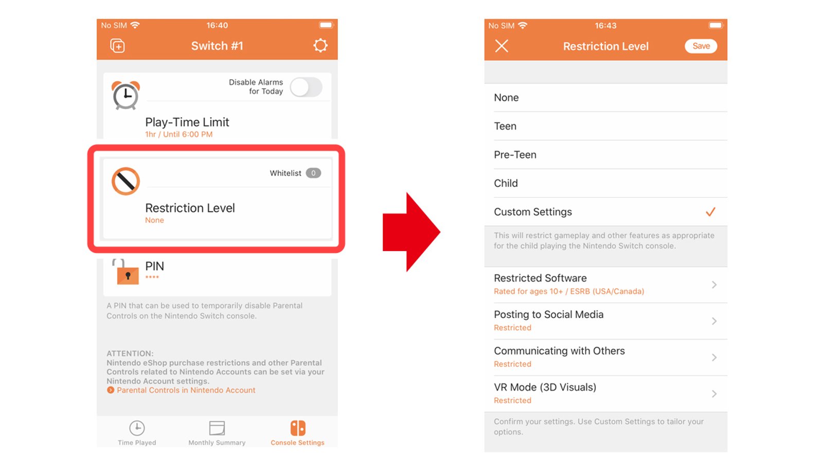 Screenshot van de Nintendo Switch Parental Controls-app met twee schermen. Het linker scherm toont instellingen zoals speeltijdlimiet en restrictieniveau, terwijl het rechter scherm opties voor restrictieniveaus weergeeft, waaronder “None”, “Teen”, “Pre-Teen”, “Child” en “Custom Settings”.