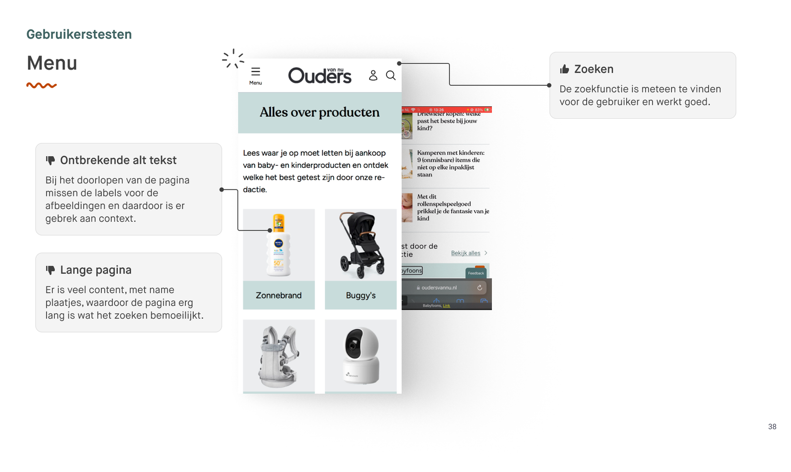 Gebruikerstest menu: goede zoekfunctie, maar ontbrekende alt-teksten en lange pagina met veel afbeeldingen maken navigatie lastig voor gebruikers.