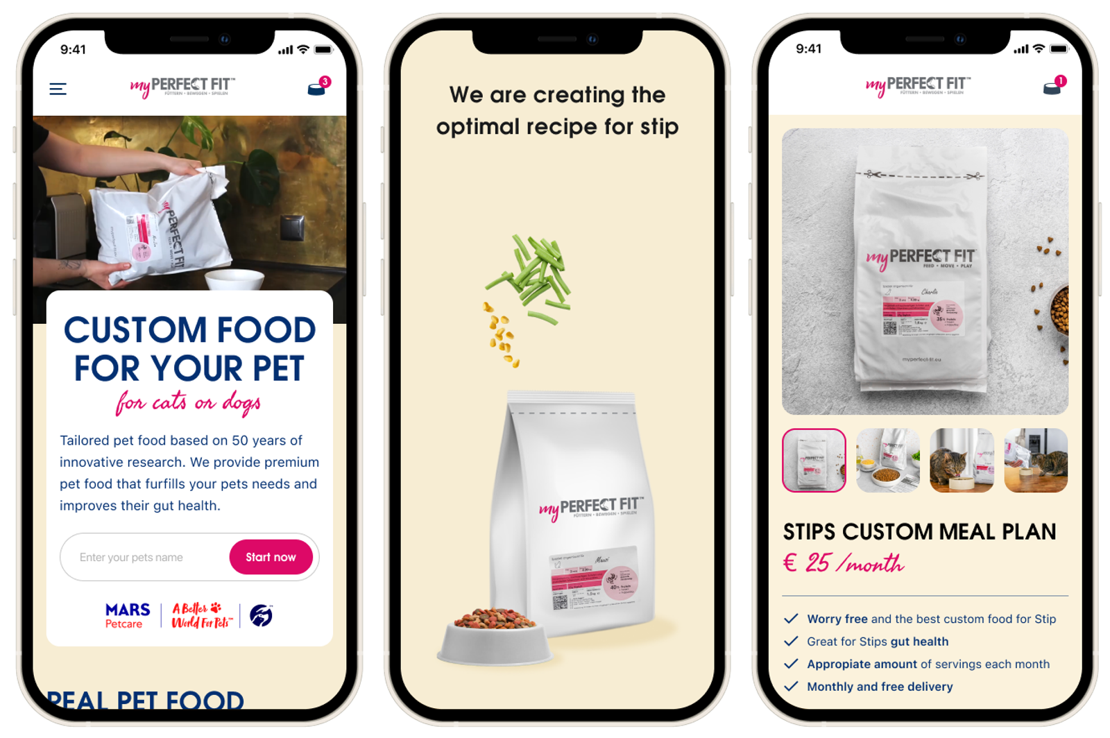 Drie mobiele telefoon met op het dispay verschillende shots van de app