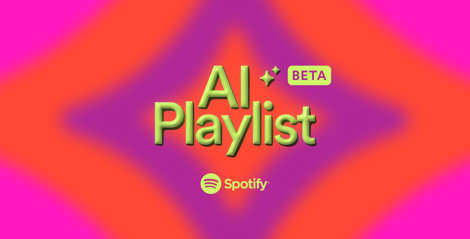 Een afbeelding met daarop de tekst AI Playlist (BETA) van Spotify tegen een felgekleurde paars, oranje achtergrond.