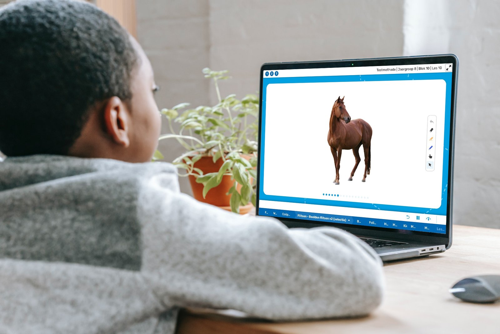 Kind achter laptop met screenshot van de Zwijsen app met een paard in beeld als flitskaart.