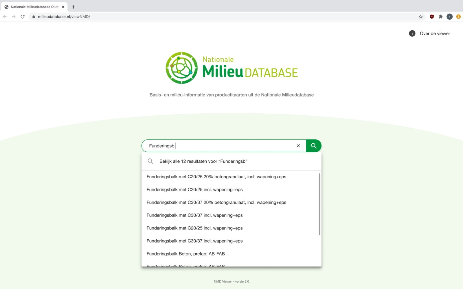 Afbeelding van de auto-complete zoekfunctie op Milieudatabase.nl