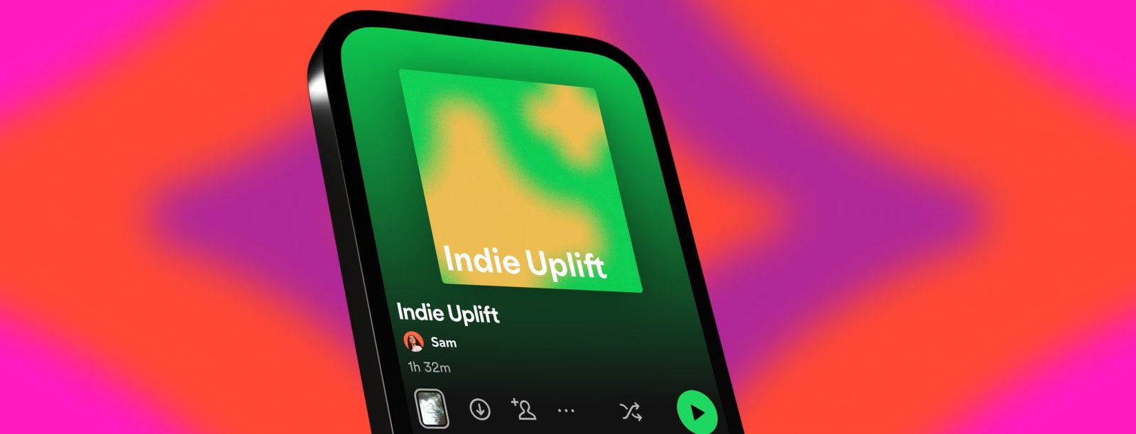Smartphone met het Spotify-scherm waarop de afspeellijst ‘Indie Uplift’ te zien is, tegen een felroze en oranje achtergrond.