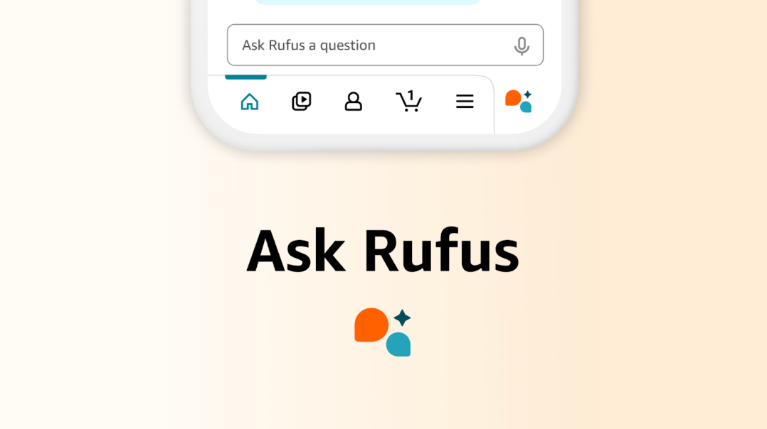 Mobiele interface met zoekbalk ‘Ask Rufus a question’ en icoon van Ask Rufus