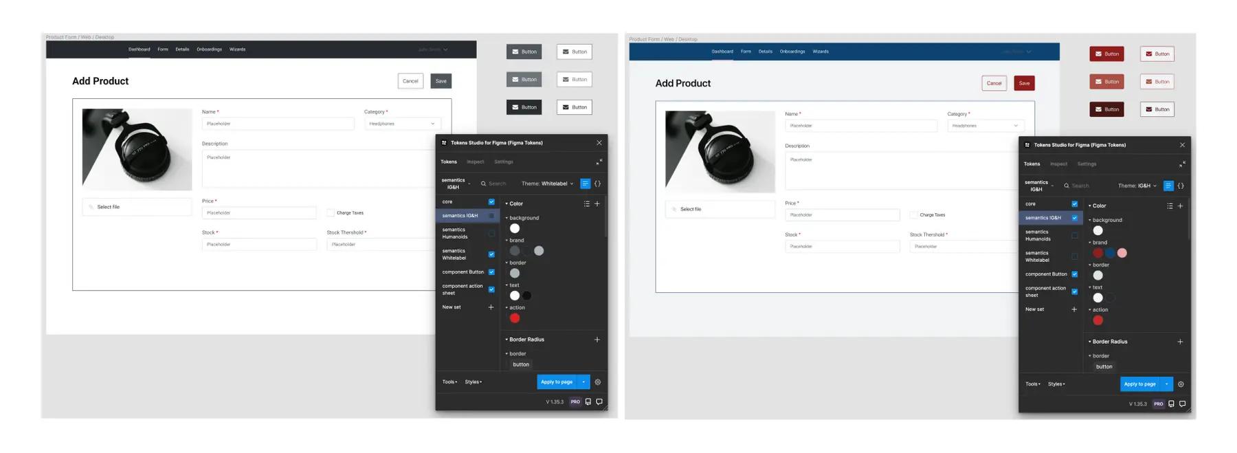 Wisselen van thema's is mogelijk in de pro-versie van Tokens Studio