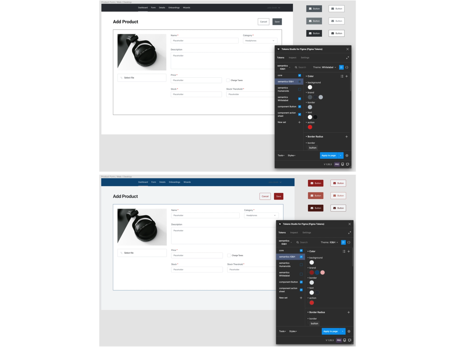 Wisselen van thema's is mogelijk in de pro-versie van Tokens Studio