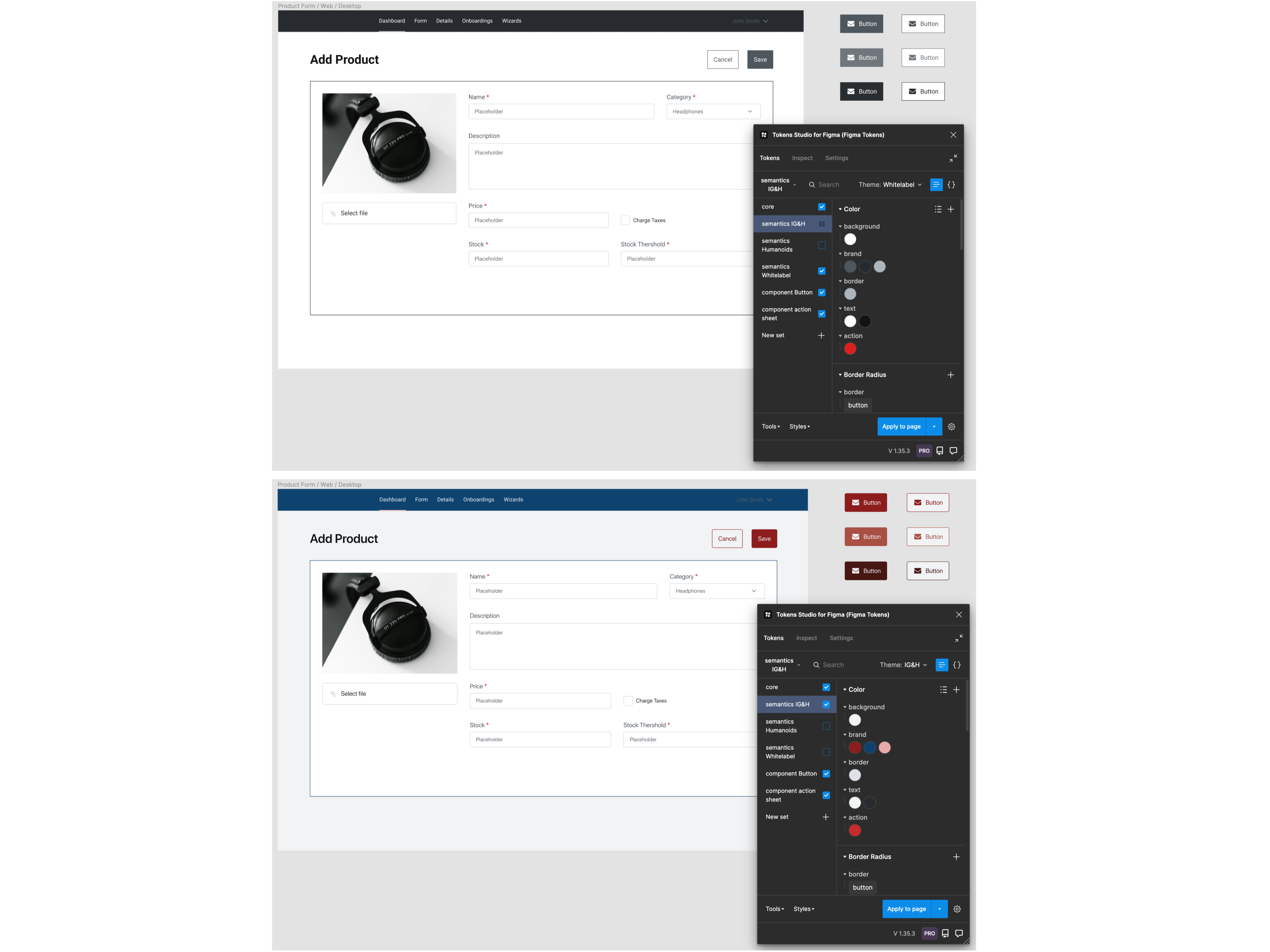 Wisselen van thema's is mogelijk in de pro-versie van Tokens Studio
