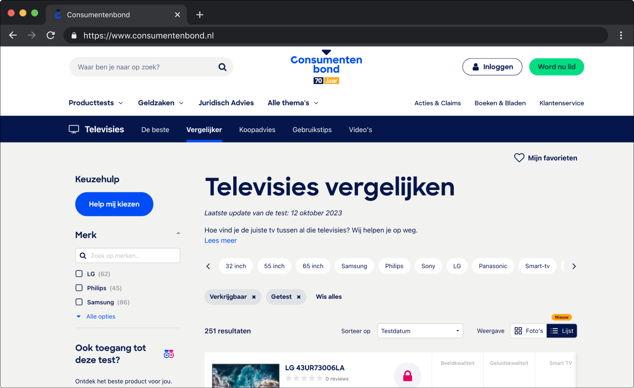 Screenshot of the Consumentenbond Product Comparison Tool