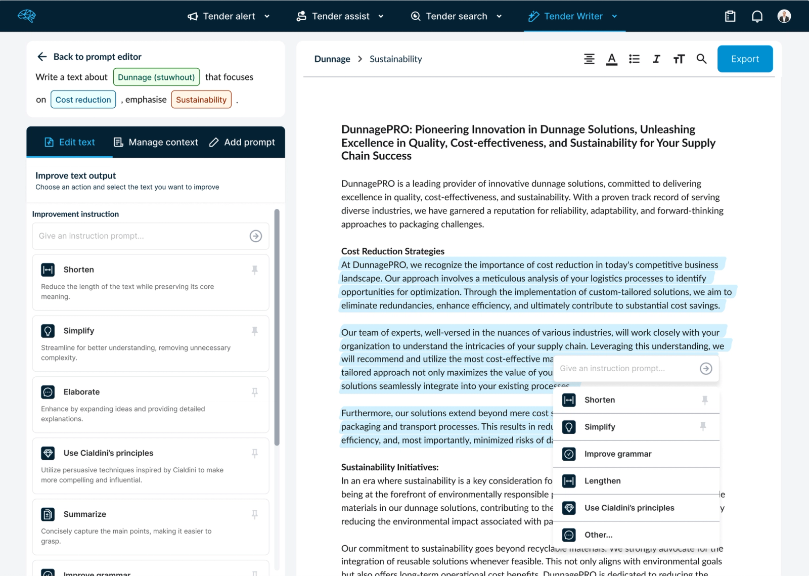 Een interface van een tekst editor met AI
