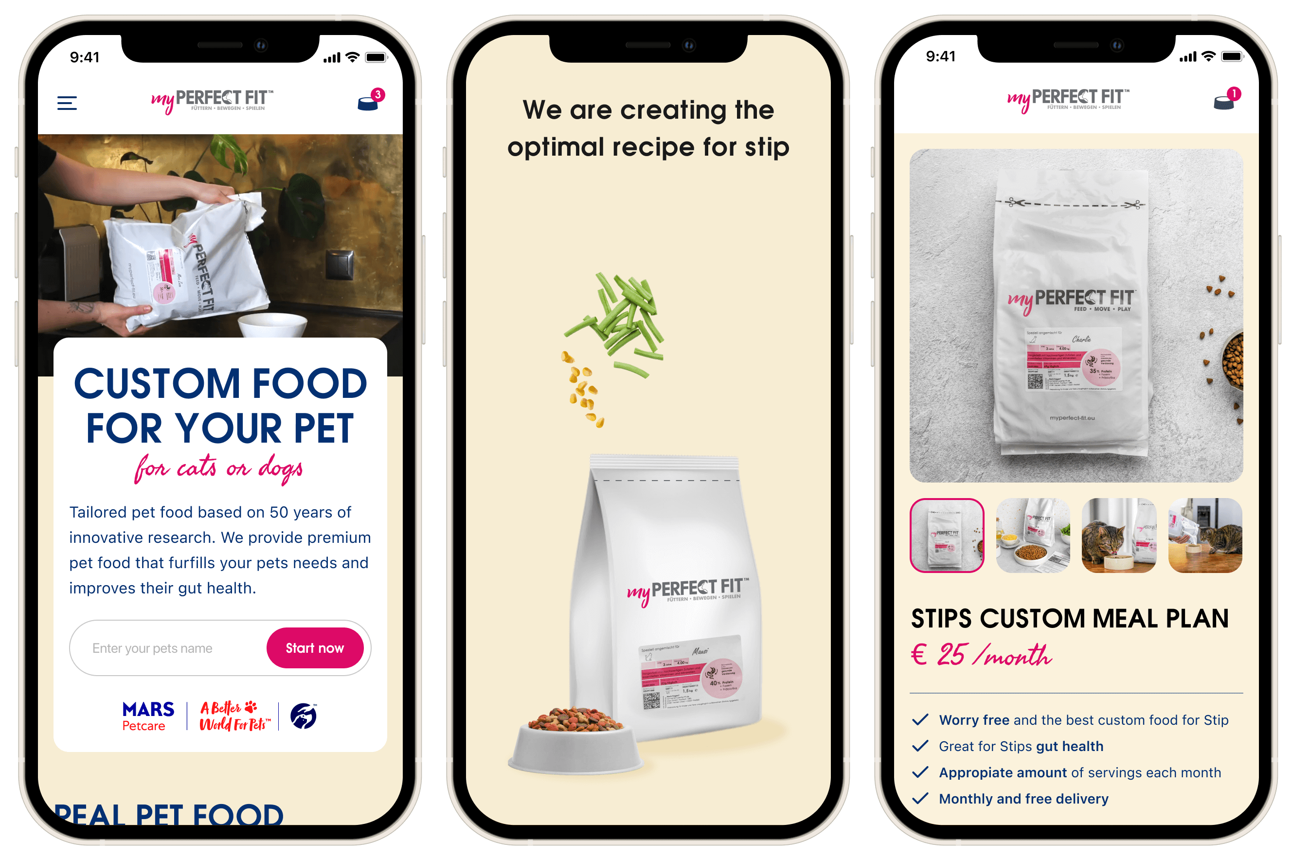 Drie mobiele telefoon met op het dispay verschillende shots van de app