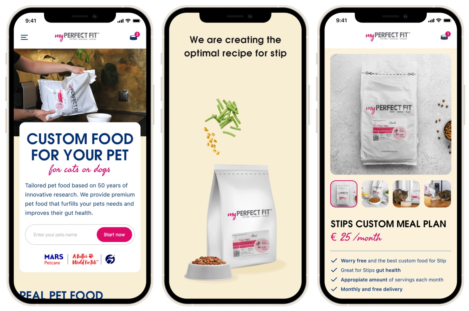 Drie mobiele telefoon met op het dispay verschillende shots van de app