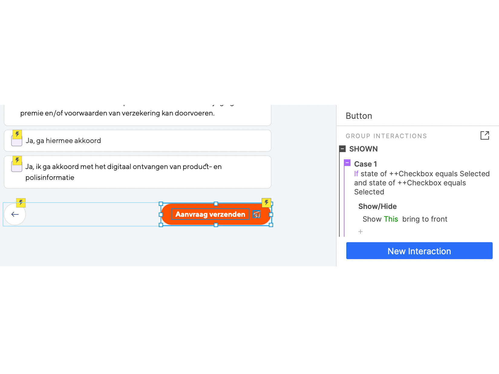 Een voorbeeld van hoe de voorwaardelijke logica wordt toegepast op de CTA (aanvraag verzenden).