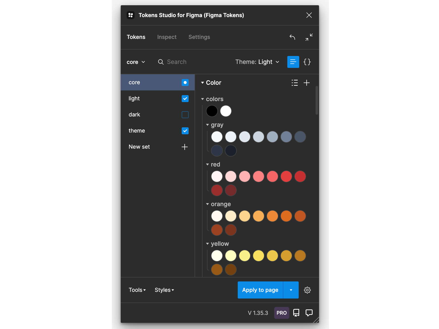 Voorbeeld van hoe de Tokens Studio plug-in met diverse semantic token sets eruit ziet
