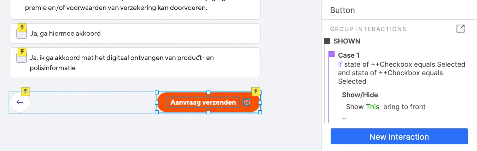 Een voorbeeld van hoe de voorwaardelijke logica wordt toegepast op de CTA (aanvraag verzenden).
