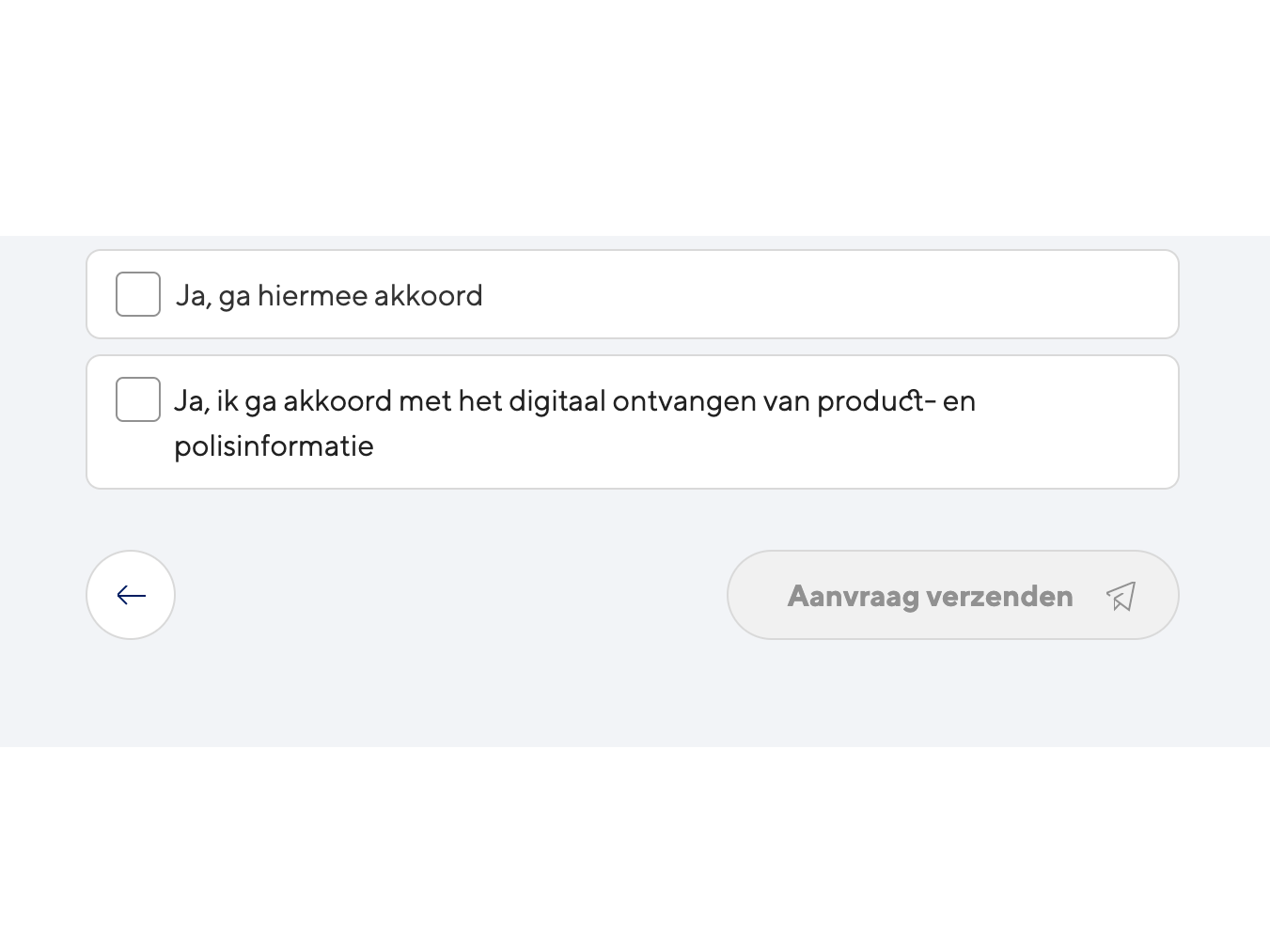Een voorbeeld van situatie waarbij de CTA pas actief moet worden bij het aanvinken van beide checkboxes.