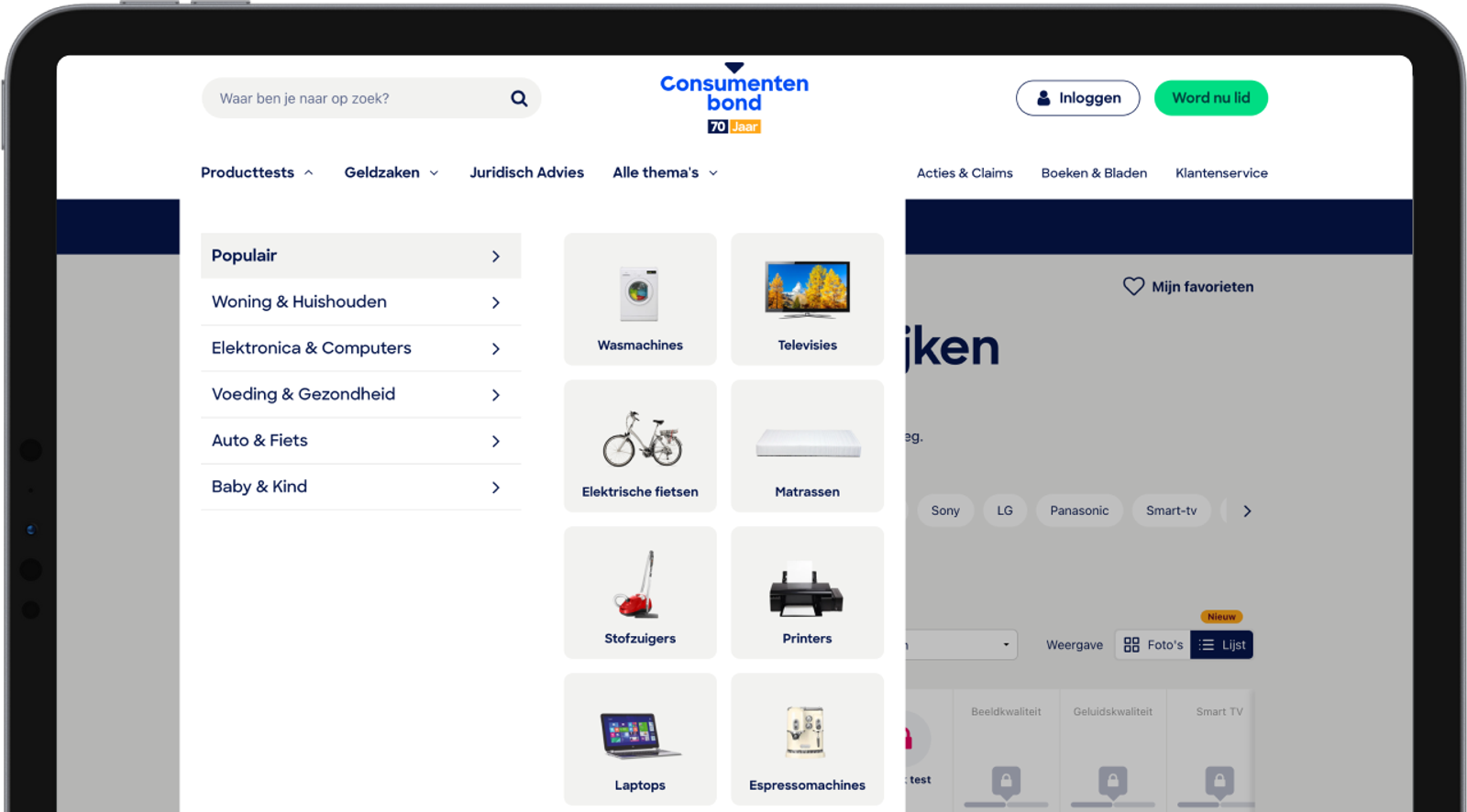 Toepassing van de nieuwe hoofdnavigatie op desktop.