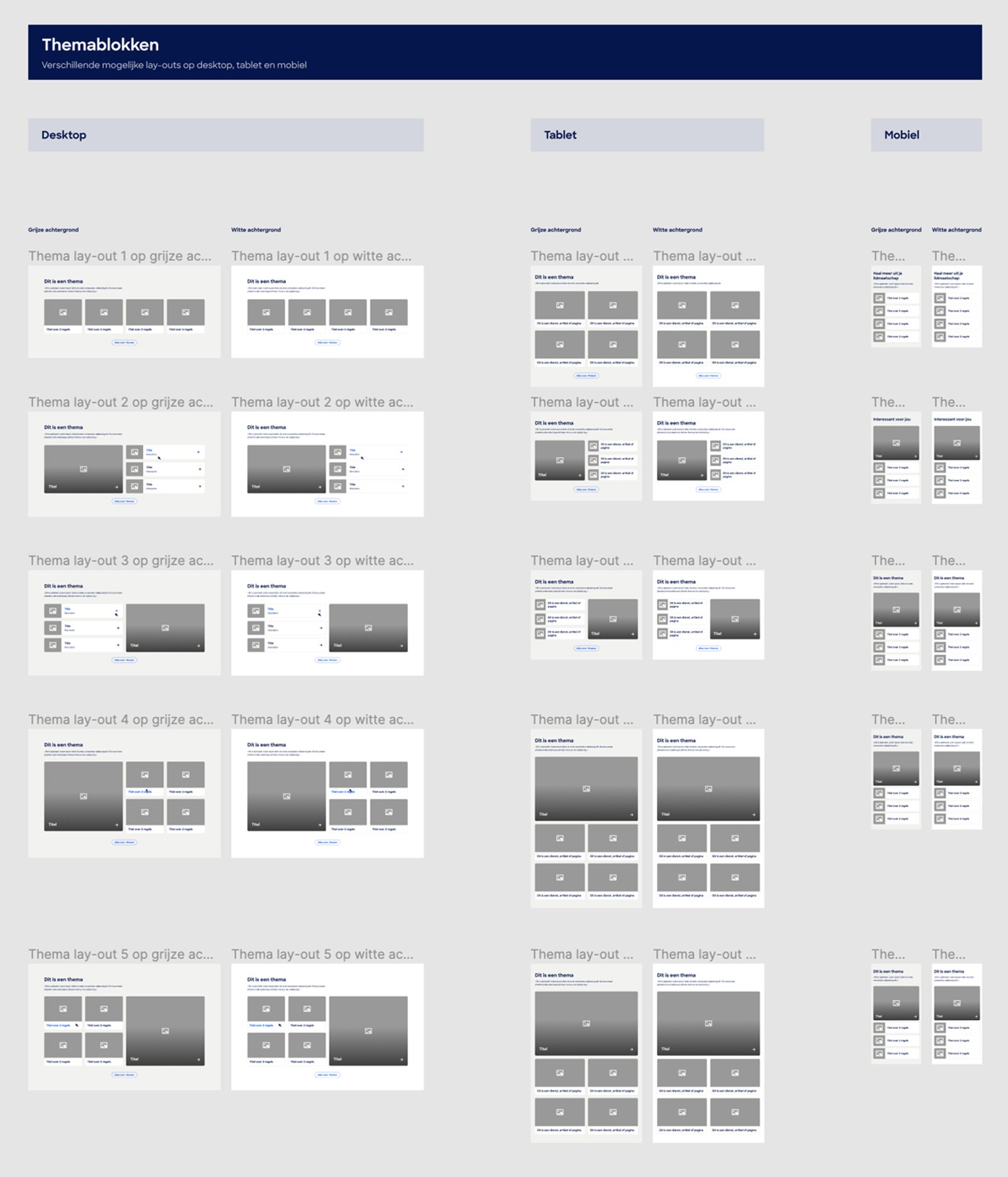 Herbruikbare componenten in verschillende opstellingen voor desktop, tablet en mobiel.