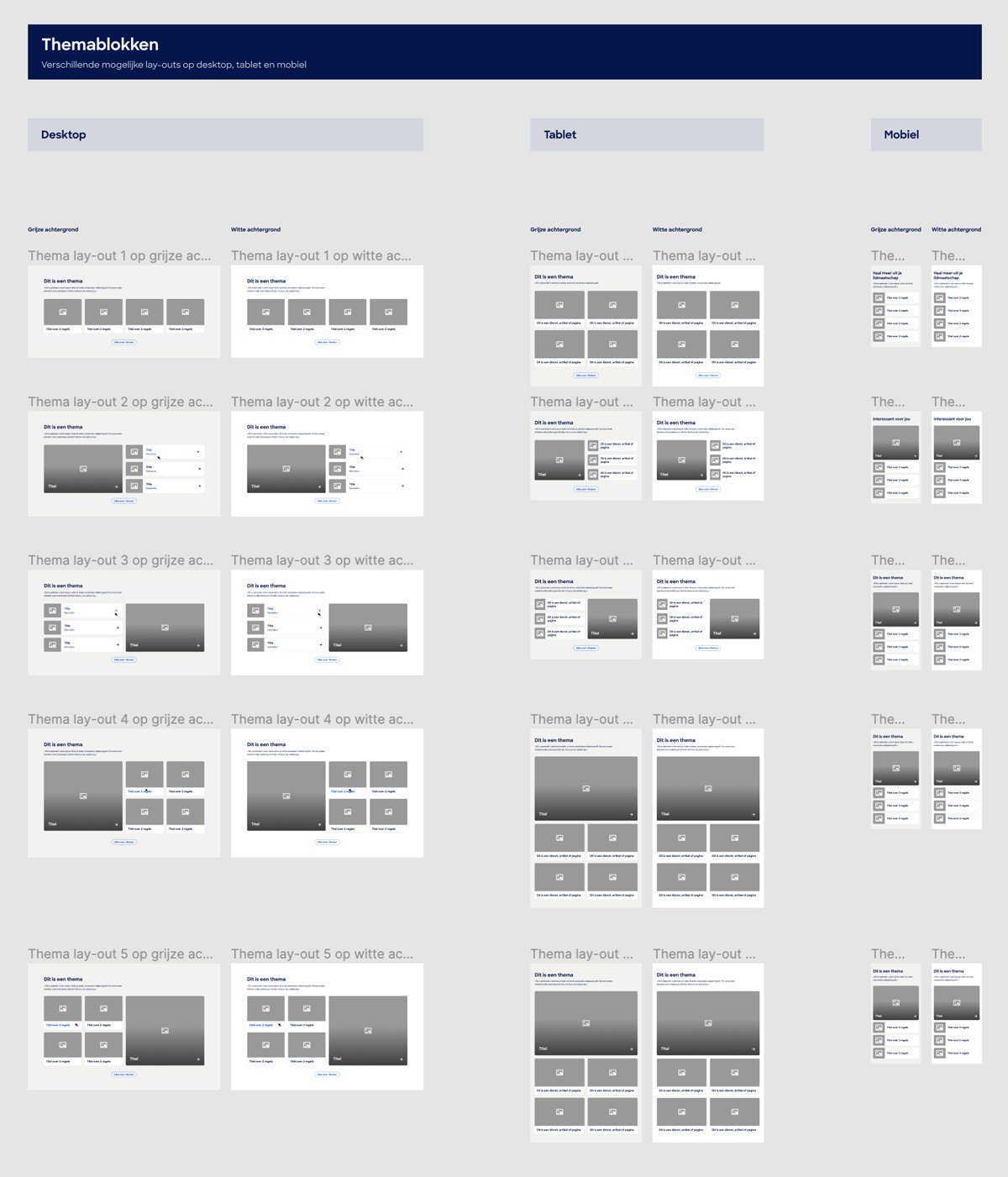 Herbruikbare componenten in verschillende opstellingen voor desktop, tablet en mobiel.